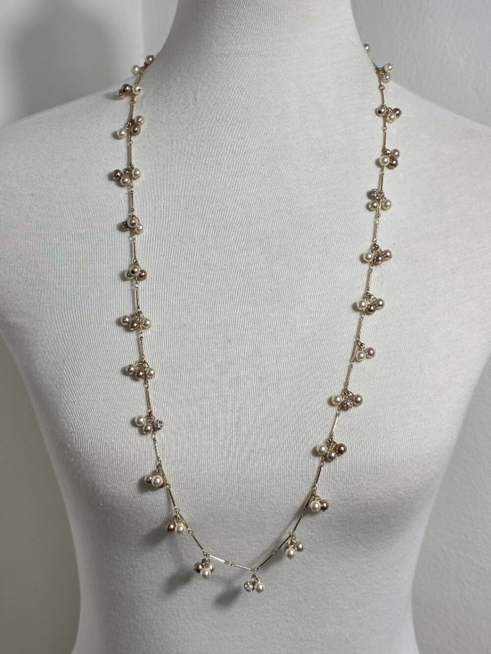 Chaps Long Strand Necklace Gold Tone Chain Faux Pearls & Beige Beads